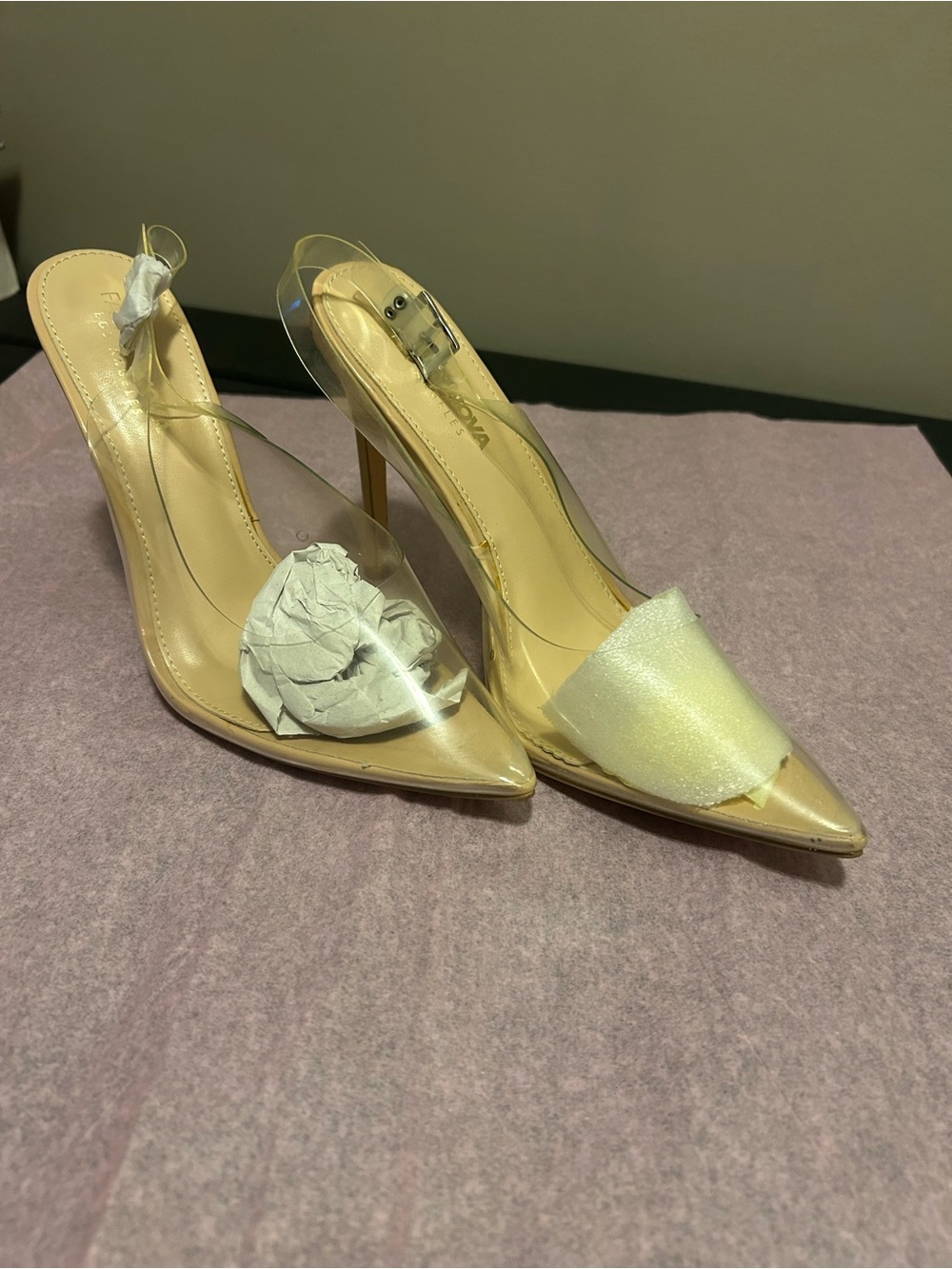 Fashion Nova Clear PVC Pointed Slingback Heels in Beige